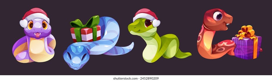 Cute snake cartoon character for Christmas and New Year design. Animal symbol of 2025 year in Santa hat and with wrapped gift boxes. Vector illustration set of funny childish crawling serpent.