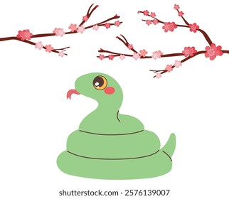 Cute Snake Cartoon Character with sakura branches on background vector flat illustration