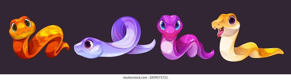 Lindo Vector de dibujos animados de serpiente. Juego aislado de bebé animal serpiente divertido. Mascota tropical venenosa en colección Clipart morada, rosa y amarilla. Cazador salvaje curioso del safari con la cola para el zoológico