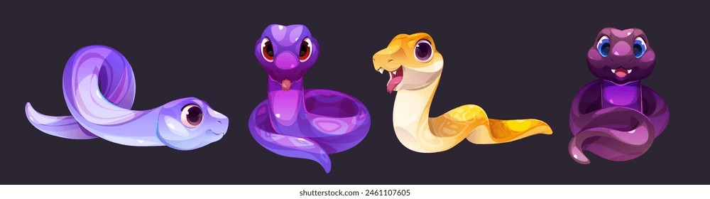 Lindo Vector de dibujos animados de serpiente. Juego aislado de bebé animal serpiente divertido. Mascota tropical venenosa en colección Clipart morada y amarilla. Cazador salvaje curioso del safari con la cola para el zoológico