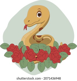 Cute snake cartoon with flowers