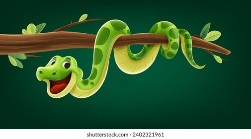 cute snake cartoon mascot on tree