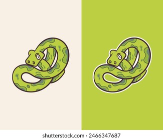 Cute snake cartoon sticker vector in green and white background