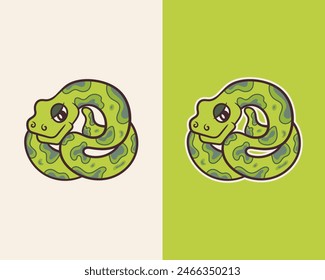 Cute snake cartoon sticker vector in green and white background