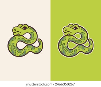 Cute snake cartoon sticker vector in green and white background