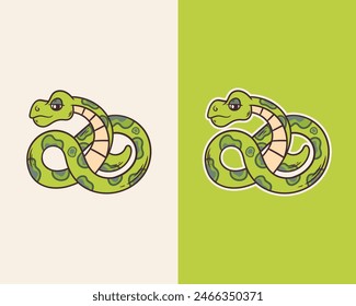 Cute snake cartoon sticker vector in green and white background