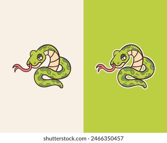 Cute snake cartoon sticker vector in green and white background