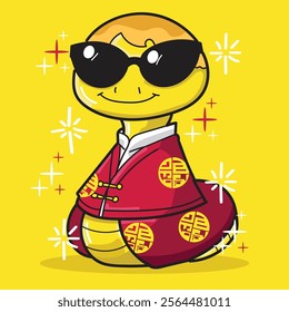 a Cute Snake Cartoon with Sunglasses wearing a traditional Chinese suit good for mascot or sticker