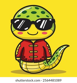 a Cute Snake Cartoon with Sunglasses wearing a traditional Chinese suit good for mascot or sticker