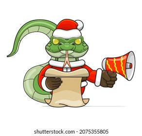 cute snake cartoon, wearing santa costume holding megaphone and reading script, cute animal character wearing christmas costume, front view. kawaii and simple style, suitable for christmas content