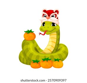 Cute snake character of asian horoscope with Chinese New Year holiday fruit gifts. Lunar zodiac animal vector personage of cartoon funny green snake with asian holiday dragon hat and mandarin oranges