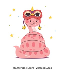 Carácter lindo de la serpiente, símbolo chino del zodiaco con el sombrero tradicional del dragón, alegre y feliz, animal del año nuevo 2025, Ilustración vectorial