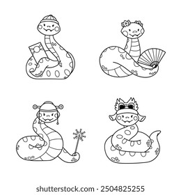 Cute snake character collection, Chinese zodiac symbol, cheerful and happy, 2025 new year animal
