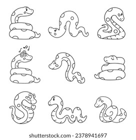 Cute snake character. Coloring Page. Kawaii reptile different poses and emotions, love, joy, sadness, anger. Vector drawing. Collection of design elements.