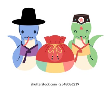 A cute snake character illustration celebrating 2025, the Year of the Blue Snake in Korea. A snake wearing a hanbok.