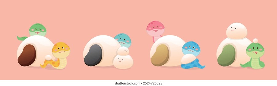 Cute snake character or mascot, glutinous rice dumplings for Lantern Festival or Winter Solstice, Asian sticky rice dessert with flavors and fillings, vector cartoon style