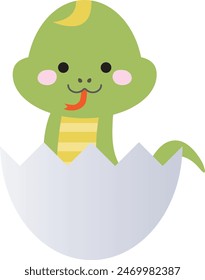 A cute snake character that pokes its head out of an eggshell and smiles.