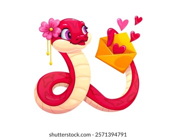 Cute snake character with valentines day envelope and love hearts. Cartoon vector red reptile with a flower accessory, radiating love and joy, combines playful charm with romantic holiday vibes