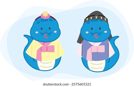 A cute snake character wearing a hanbok saying hello to the Korean New Year 2025. Hand drawn illustration.