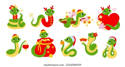 Cute snake characters. 2025 New Year symbol. Chinese New Year mascot. Cartoon green serpent with Christmas hat and money prosperity bag. Horoscope sign. Zodiac animal