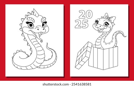 Personagens de cobra bonitos com olhos grandes e um arco, emergindo de uma caixa de presente, com "2025" em números em negrito ao lado dele. Perfeito para um Ano da Snake-temático coloração página do livro para crianças. Divertido e festivo!