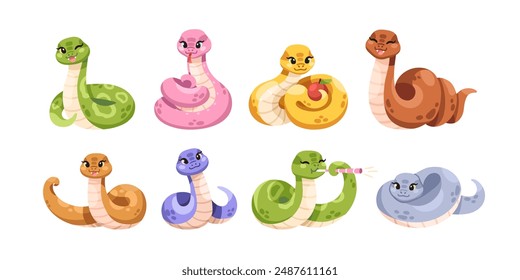 Cute snake characters set. Adorable mascot animals. Funny happy smiling reptiles, baby cobras in cartoon comic style. Kawaii serpents. Kids flat vector illustrations isolated on white background