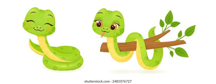 Cute snake characters with smiling faces. Merry christmas and Happy new year 2025 invitation card.