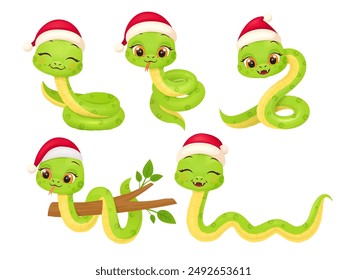 Cute snake characters with smiling faces. Merry christmas and Happy new year 2025 invitation card.