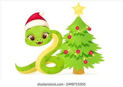 Cute snake characters with smiling faces. Merry christmas and Happy new year 2025 invitation card.