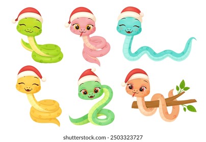 Cute snake characters with smiling faces. Merry christmas and Happy new year 2025 invitation card.