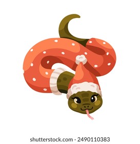 Cute snake charcater wearing Santa hat and Christmas apparel. Chinese New Year symbol, funny happy animal mascot. Asian CNY 2025 serpent crawling. Flat vector illustration isolated on white background