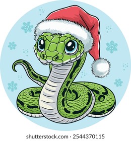 A cute snake is a Chinese symbol of the lunar new year. Cartoon snake on a blue background with snowflakes. A bizarre character of the eastern zodiac is a green snake in a Christmas hat. Good for wint