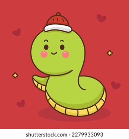 Cute snake Chinese zodiac animals. Series: Welcome lunar year (Happy new year). Greeting card isolated on red Background. Perfect make a wish for baby t shirt, celebration party, nursery kids.