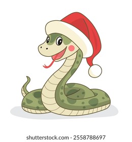 A cute snake in a Christmas hat. The green wooden snake is a symbol of the 2025 new year. Vector illustration. It can be used in web design, printing on children's T-shirts, advertising.