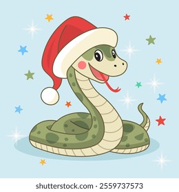 A cute snake in a Christmas hat. The green wooden snake is a symbol of the 2025 new year. Vector illustration. It can be used in web design, printing on children's T-shirts, advertising.