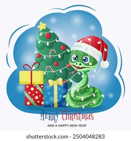 A cute snake with a Christmas tree and gift boxes. New Year and Christmas card. Vector illustration