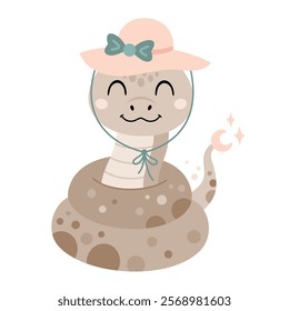 Cute snake clipart. Snake girl in cartoon flat style. Year of the snake. Chinese zodiac. Hand drawn vector illustration.