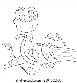 Cute snake coiled in a tree suitable for children's coloring page vector illustration