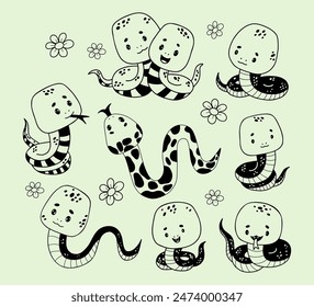 Cute Snake collection. Funny reptile character in doodle style. Isolated hand drawings. Vector illustration. Kids collection