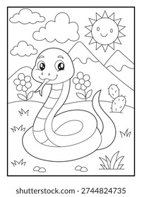 Cute Snake in the Desert Coloring Page for Kids. Black and white Printable Activity Sheet for Toddlers.