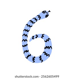 Cute snake design forming the number six, featuring a blue zigzag pattern. Snake symbol of the year. Vector hand drawn bold illustration.