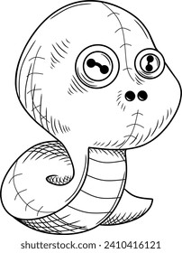 Cute snake doll black and white vector illustration