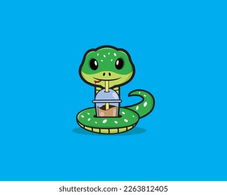 Cute Snake Drink Boba Vector Design