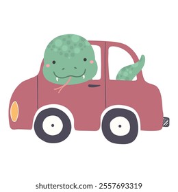 Cute snake driving car character illustration. Hand drawn cartoon vector illustration. Flat style design. Seollal holiday card, poster, banner element