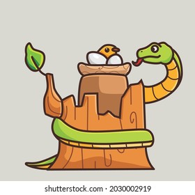 cute snake eating eggs bird nest on the tree. cartoon animal nature concept Isolated illustration. Flat Style suitable for Sticker Icon Design Premium Logo vector. Mascot Character