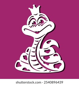 Cute snake girl wearing a crown. Cartoon funny character, symbol of Chinese New Year. Template for plotter laser cutting of paper, fretwork, wood carving, metal engraving, cnc. Vector illustration.