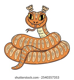 Linda serpiente dibujada a mano plana. Animal peligroso con cuerpo largo y retorcido. Víbora, pitón, anaconda, serpiente de cascabel. Criatura venenosa. Vector ilustración de dibujos animados.