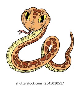 Linda serpiente dibujada a mano plana. Animal peligroso con cuerpo largo y retorcido. Víbora, pitón, anaconda, serpiente de cascabel. Criatura venenosa. Vector ilustración de dibujos animados.