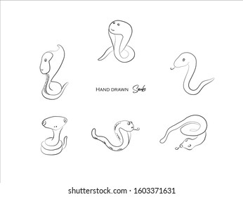 cute snake hand drawn icon vector set line art, Doodle Cartoon Animals in black and white style, Perfect for invitations,greeting cards, prints, posters