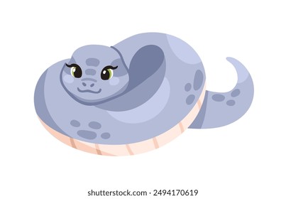 Linda serpiente. Felices dibujos animados en espiral pitón. Adorable carácter kawaii, encantadora víbora tumbada, relajante. Preciosa cobra bebé descansando. Ilustración vectorial plana de los niños aislada sobre fondo blanco